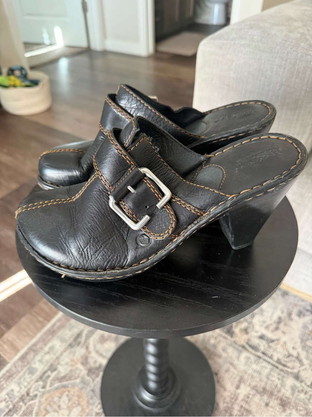 Born Black Leather Buckle Clog Heels SZ 8